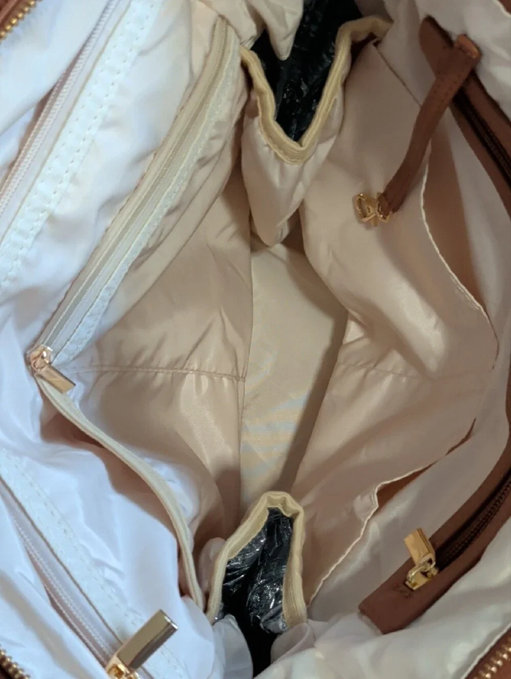 Tan Vegan Leather Baby Diaper Bag Tote Backpack with Multiple Front Pockets